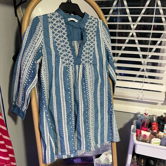 Zara Dresses & Skirts - Zara Denim Blue Top with White Embroidery